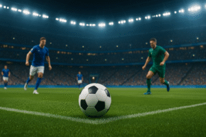 Ilustrasi sepak bola 2025 di stadion modern dengan bola, pemain, dan sorak penonton