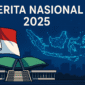 Ilustrasi Berita Nasional 2025 dengan bendera Indonesia, gedung DPR, dan peta digital Indonesia