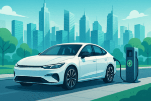 Ilustrasi otomotif 2025 dengan mobil listrik modern dan stasiun pengisian daya di kota futuristik