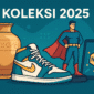 Ilustrasi Koleksi 2025 dengan sneakers, action figure, barang antik, dan NFT digital modern