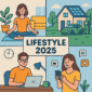 Ilustrasi Lifestyle 2025 dengan gaya hidup sehat, digital, work-life balance, dan eco-living modern
