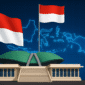 Ilustrasi Berita Nasional Indonesia 2025 dengan bendera merah putih, gedung DPR, dan peta digital Indonesia