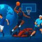 Ilustrasi Olahraga Dunia 2025 dengan sepak bola, NBA, Formula 1, dan tenis internasional