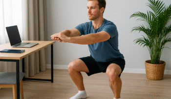 Ilustrasi tren gaya hidup sehat 2025 dengan keseimbangan kerja digital dan olahraga ringan