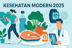 Ilustrasi gaya hidup sehat 2025 dengan olahraga, pola makan seimbang, dan teknologi medis modern