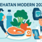 Ilustrasi gaya hidup sehat 2025 dengan olahraga, pola makan seimbang, dan teknologi medis modern