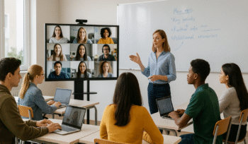 Mahasiswa kampus 2025 belajar hybrid menggunakan teknologi VR.