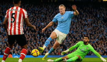 Erling Haaland merayakan gol penentu kemenangan Manchester City vs Brentford di Liga Inggris 2025, Etihad Stadium penuh penonton