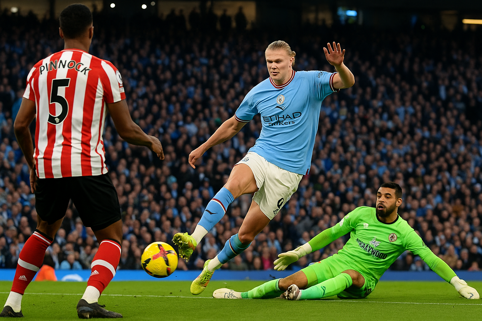 Erling Haaland merayakan gol penentu kemenangan Manchester City vs Brentford di Liga Inggris 2025, Etihad Stadium penuh penonton