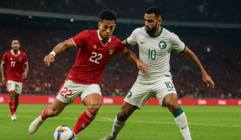 Pemain Timnas Indonesia melawan Arab Saudi di GBK pada kualifikasi Piala Dunia 2026, dengan stadion penuh suporter.