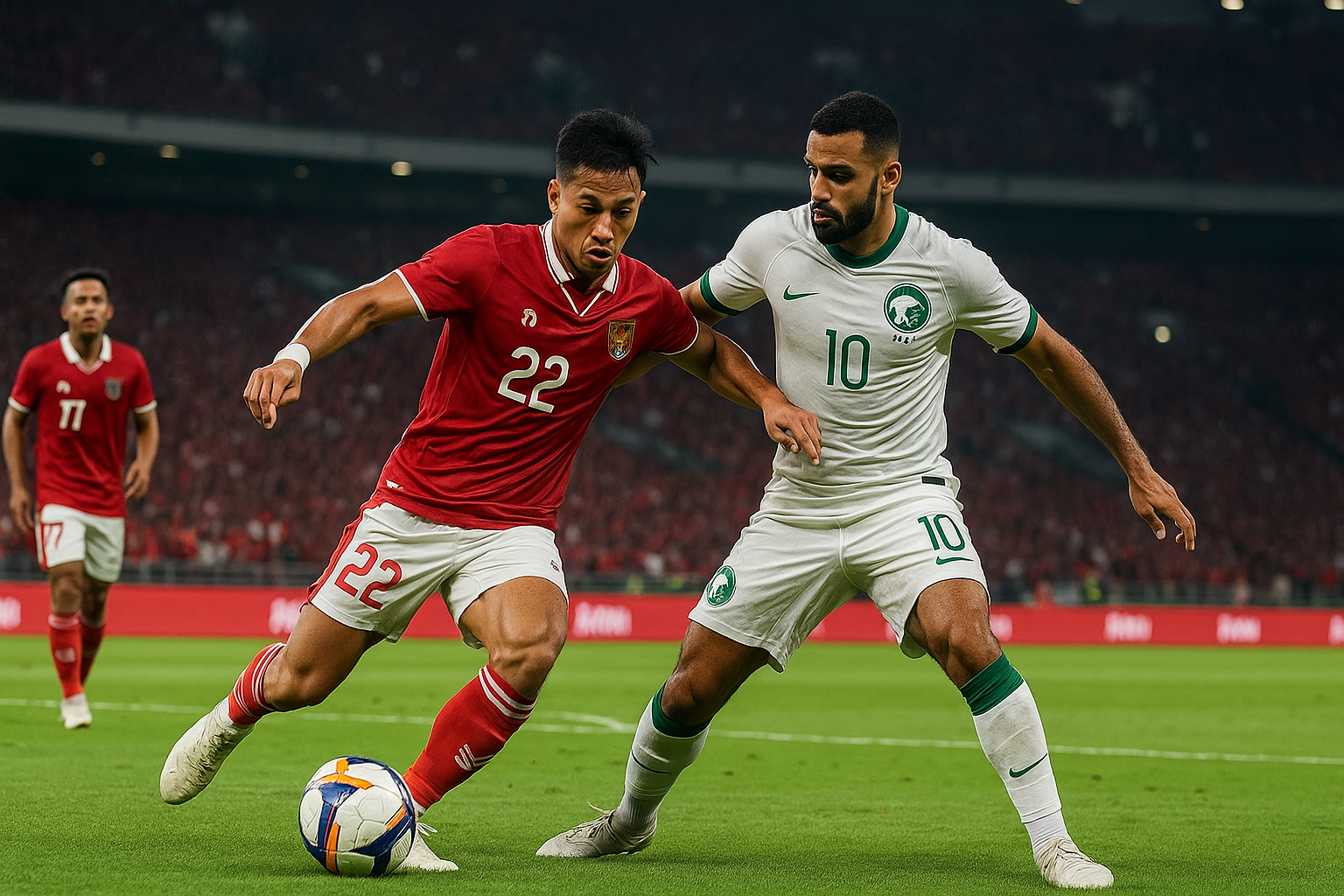 Pemain Timnas Indonesia melawan Arab Saudi di GBK pada kualifikasi Piala Dunia 2026, dengan stadion penuh suporter.